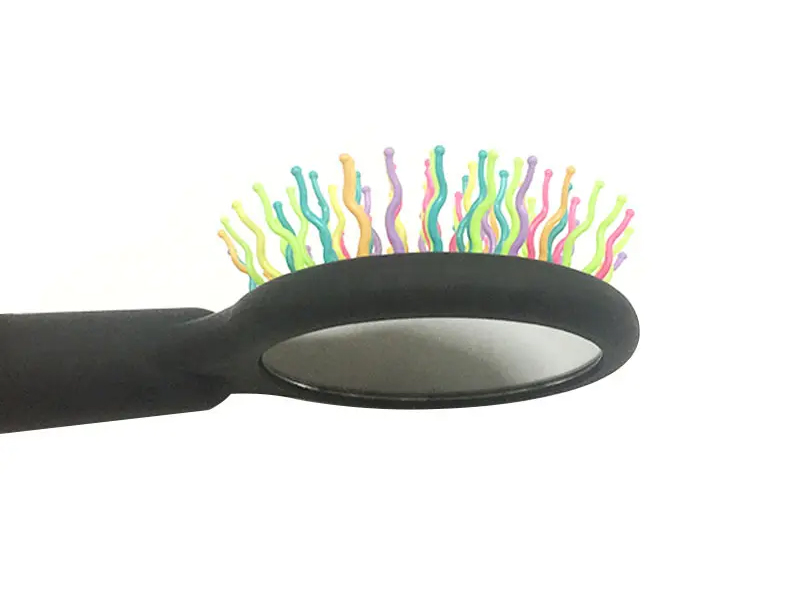 Escova de cabelo feminina arco-íris preto com ponta de bola macia e almofada para desembaraçar